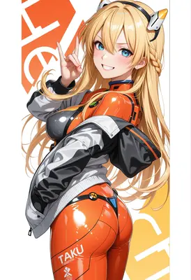 Energetic Blonde Pilot in Orange Suit