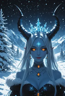Frost Queen with Glowing Amber Eyes