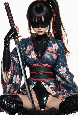 Masked Samurai in Floral Kimono