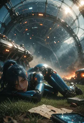 Cyborg Soldier Resting Amidst Ruin