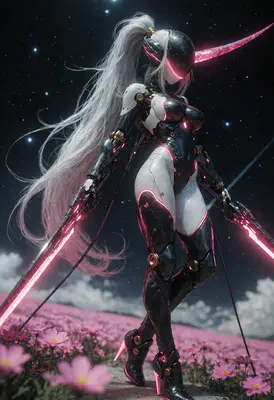 Cybernetic Warrior in a Flower Field