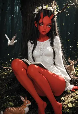 Red Demon Girl Reading in Forest