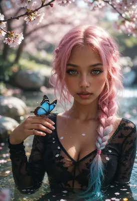 Pink Haired Beauty with Blue Butterfly