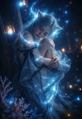Ethereal Cat Girl in Starlit Forest