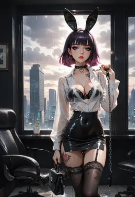 Wet Bunny Girl in High Rise Office