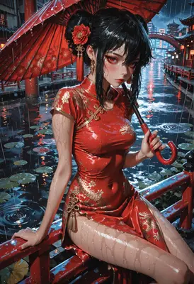 Red Qipao Girl in Rainy Night