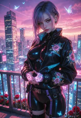 Cyberpunk Girl in Neon City Sunset