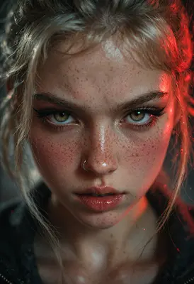 Intense Gaze Under Neon Red Light
