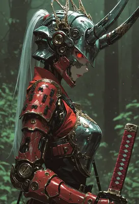 Cybernetic Samurai with Horned Helmet