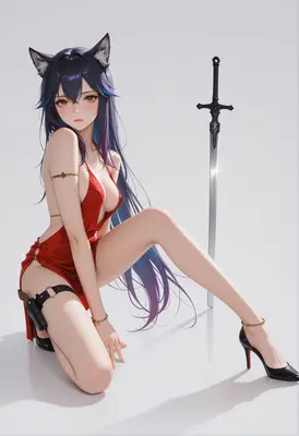 Cat Girl Warrior in Red Dress