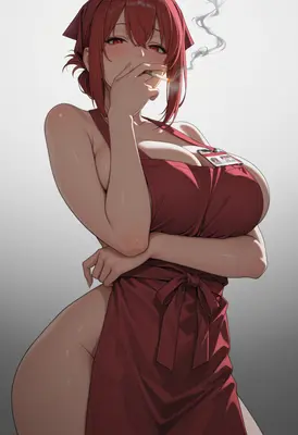 Red Apron Smoking Anime Beauty
