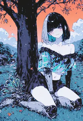 Cyborg Girl Resting Under Autumn Tree