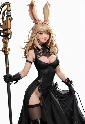 Elegant Bunny Girl with Steampunk Staff