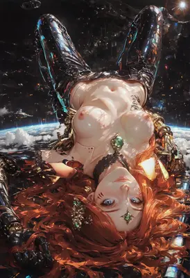 Cyborg Goddess Floating Above Earth