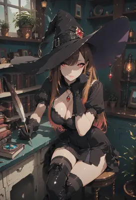 Enchanting Witch Writing in Her Library