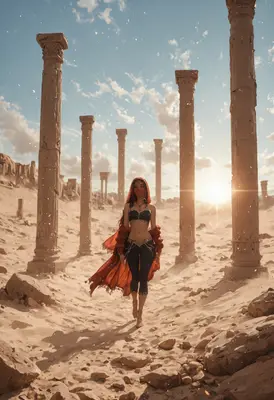 Wanderer Amidst Ancient Desert Ruins