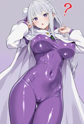 Confused Emilia in Shiny Purple Bodysuit