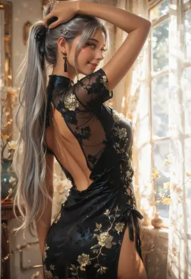 Elegant Silver Haired Beauty in Cheongsam