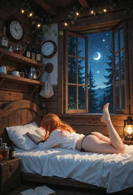 Midnight Reading in a Rustic Cabin