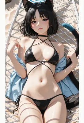Cat Girl Relaxing in Beach Hammock