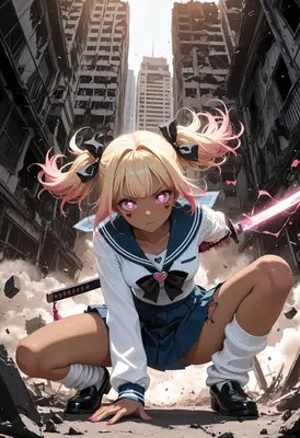 Warrior Schoolgirl in Ruined City