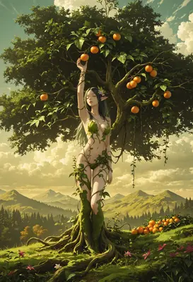 Nymph Harvesting Fruit in Golden Light