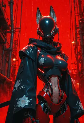 Cybernetic Fox Warrior in Crimson Rain