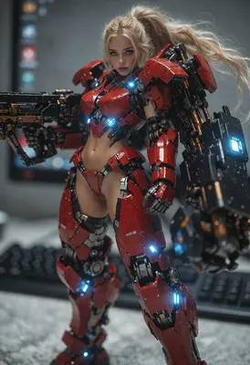 Blonde Warrior in Red Mecha Armor
