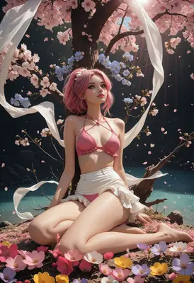 Serene Pink Haired Beauty Under Blossoms