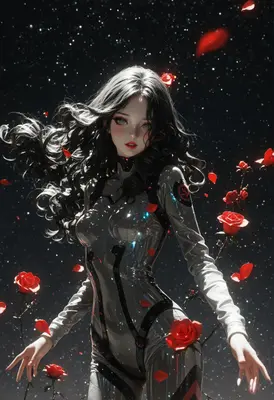 Cybernetic Beauty Amidst Falling Roses
