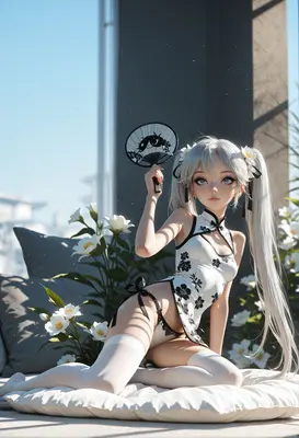 Silver Haired Beauty with Floral Fan