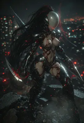 Cybernetic Warrior in Dark Urban Ruins