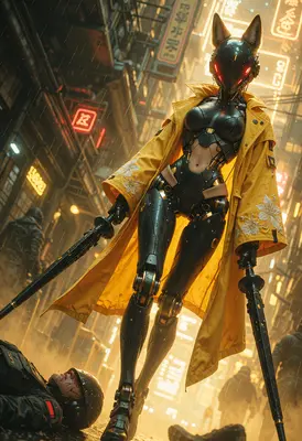 Cybernetic Fox Warrior in Neon Alley