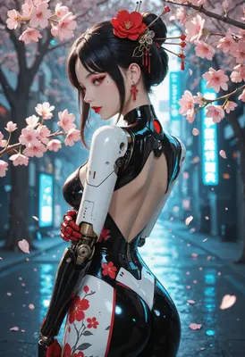 Cybernetic Beauty Under Cherry Blossoms