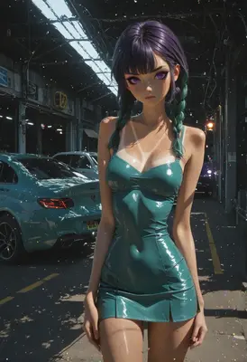 Urban Girl in Teal Vinyl Dress