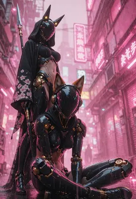 Cybernetic Warriors in Neon Rain
