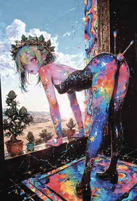 Vibrant Muse Amidst Painted Horizons