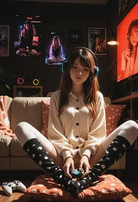 Cozy Gamer Girl in Neon Room