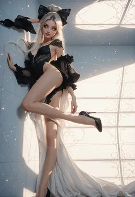 Elegant Blonde in Black Lace Bodysuit