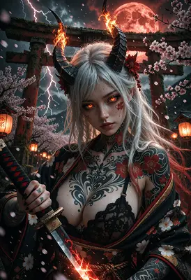 Oni Warrior Beneath the Crimson Moon