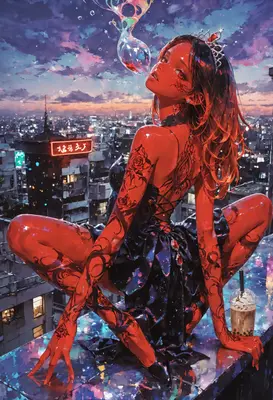 Crimson Queen Over Neon City