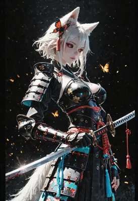 White Fox Samurai with Butterfly Accents