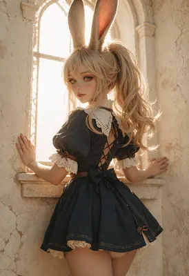 Sunlit Bunny Girl in Vintage Dress