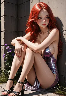 Redheaded Beauty in Wet Metallic Dress