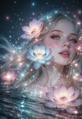 Ethereal Maiden Amidst Glowing Lotus Flowers