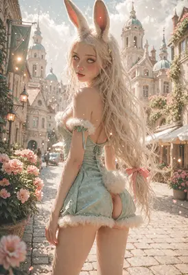 Ethereal Bunny Girl in European Town