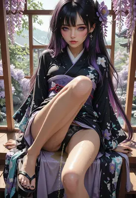 Purple Hair Beauty in Floral Kimono