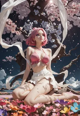 Pink Haired Beauty Under Cherry Blossoms