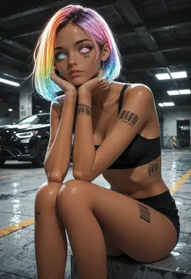Cybernetic Girl with Rainbow Hair