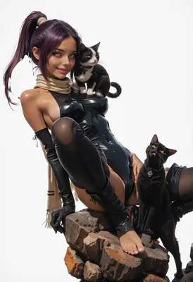 Girl in Latex with Two Cats